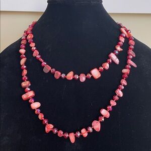 HAND-KNOTTED RED STATEMENT NECKLACE Extra Long 44” Mother of Pearl & Crystal